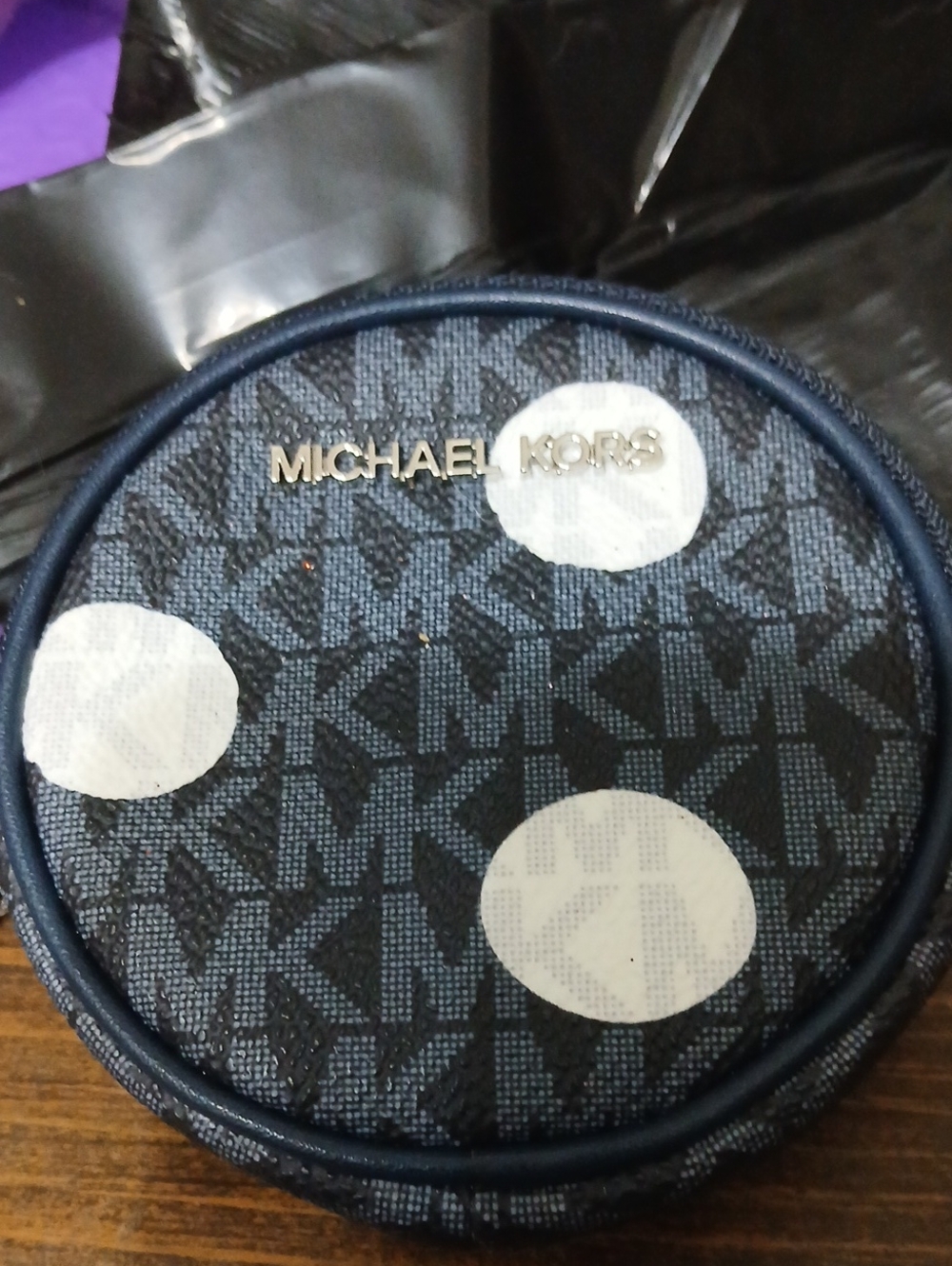Michael Kors Navy Logo Polka Dot Round Coin Case NWOT
